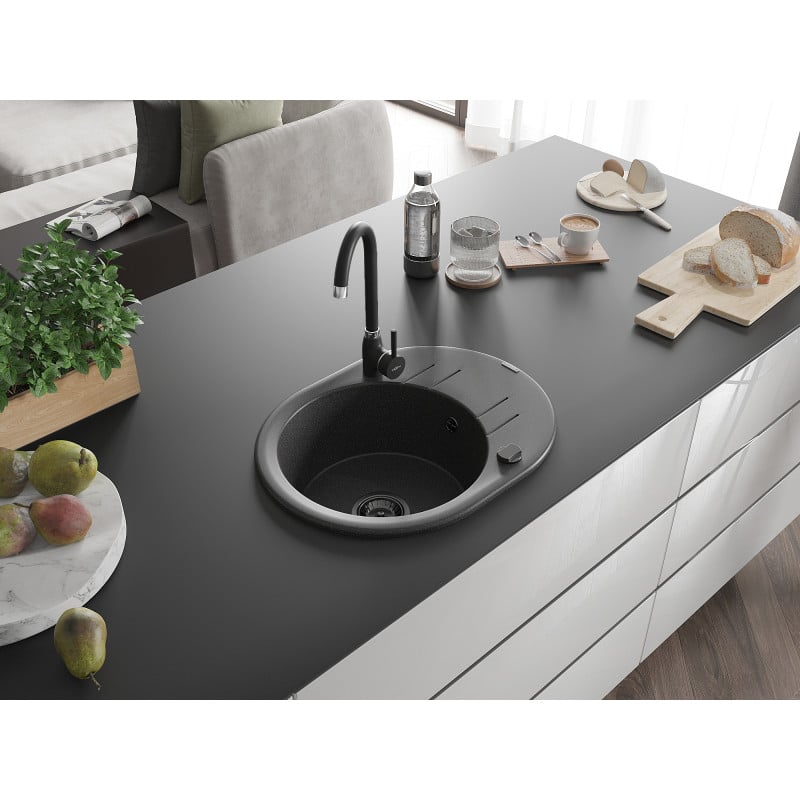 Mexen Kevin Granitspüle 1-Becken mit Abtropffläche 586 x 458 mm, schwarz gesprenkelt, schwarzer Siphon - 6517581005-76-B