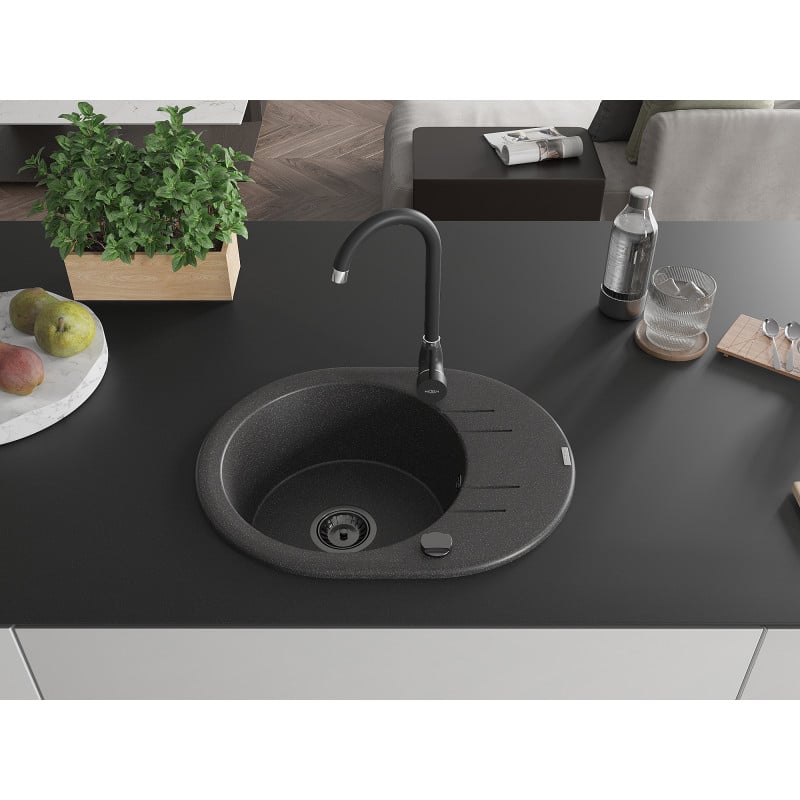 Mexen Kevin Granitspüle 1-Becken mit Abtropffläche 586 x 458 mm, schwarz gesprenkelt, schwarzer Siphon - 6517581005-76-B