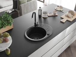 Mexen Kevin Granitspüle mit einem Becken und einer Abtropffläche 586 x 458 mm, Schwarz, Siphon Schwarz - 6517581005-77-B