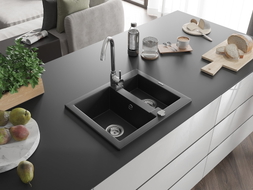 Mexen Carlos Granitspüle 1,5-fach 582 x 475 mm, schwarz, Chrom-Siphon - 6518581500-77