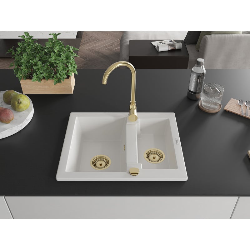Mexen Carlos Granitspüle 1,5-Becken 582 x 475 mm, weiß, goldener Siphon - 6518581500-20-G