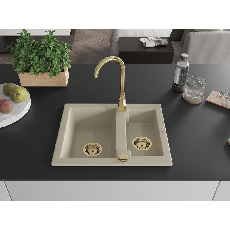 Mexen Carlos 1,5-fachiges Granitspülbecken 582 x 475 mm, beige, goldener Siphon - 6518581500-69-G