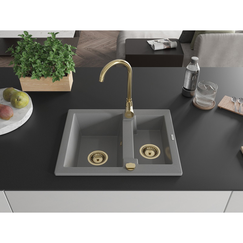 Mexen Carlos Granitspüle 1,5-Becken 582 x 475 mm, grau, Siphon gold - 6518581500-71-G