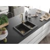 Mexen Carlos Granitspüle 1,5-Kammer 582 x 475 mm, schwarz getupft, goldener Siphon - 6518581500-76-G