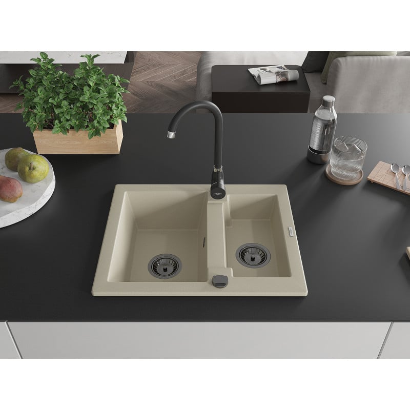 Mexen Carlos Granitspüle 1,5 Kammern 582 x 475 mm, beige, schwarzer Siphon - 6518581500-69-B