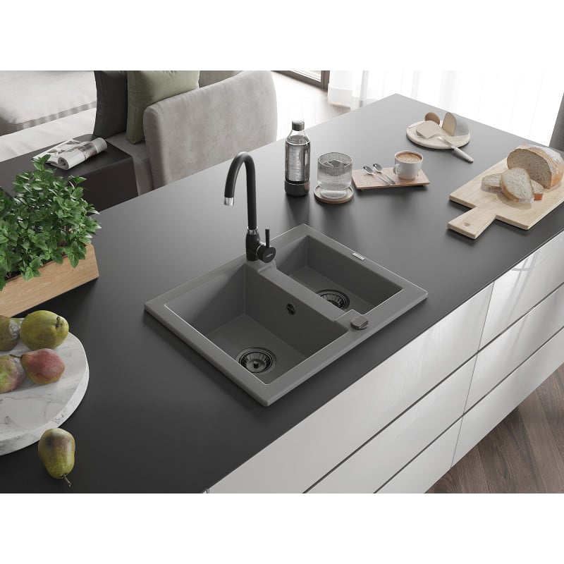 Mexen Carlos Granitspüle 1,5 Becken 582 x 475 mm, grau, schwarzer Siphon - 6518581500-71-B