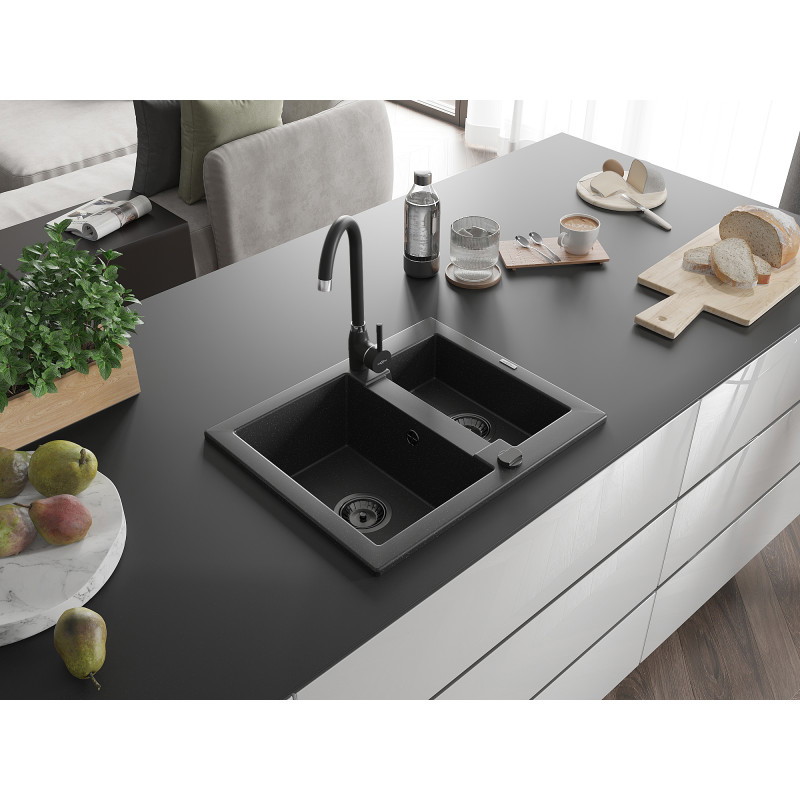 Mexen Carlos Granitspüle 1,5-beckig 582 x 475 mm, schwarz/silberner Metallic, schwarzer Siphon - 6518581500-73-B