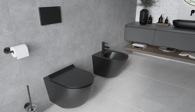 Moderne graue Toilette mit schwarzen Akzenten