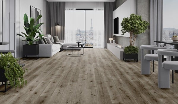 Moderne Wohnzimmer mit Holzimitatboden